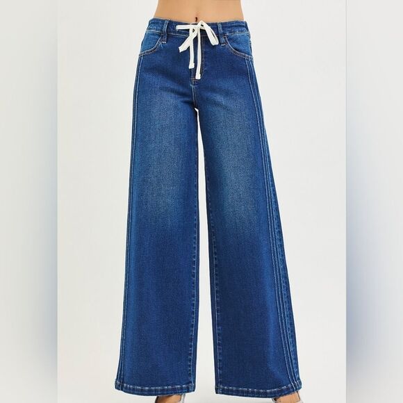 RISEN Mid Rise Wide Side Pintuck Denim Jeans Flat Front Drawstring Size 5 - Picture 4 of 7
